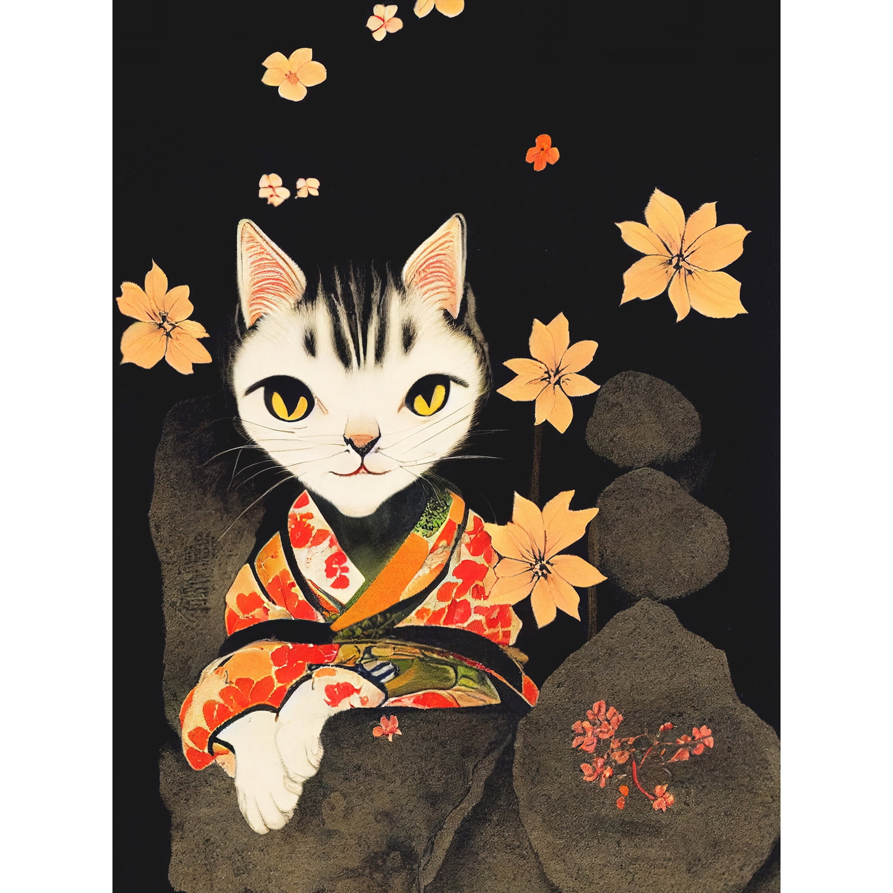 Cute Cat In Kimono Sitting On A Bed Of Rocks With Flowers Unframed Wall ...