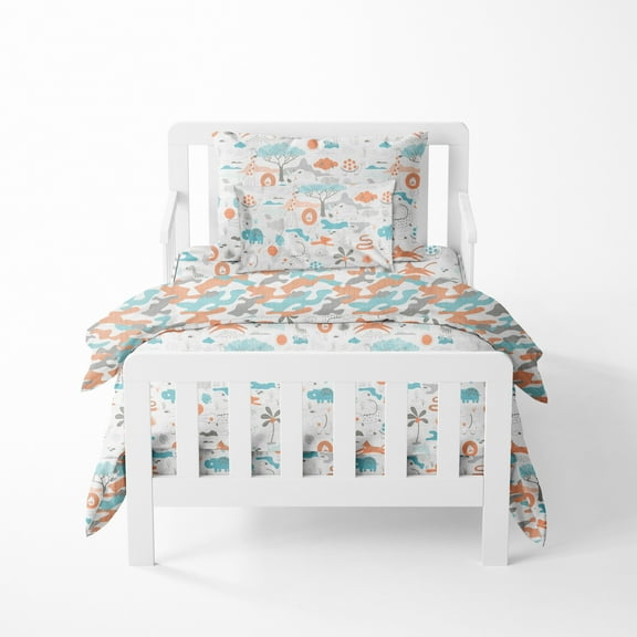 Bacati - Boys 5 pc Toddler Bedding/Sheet Set 100% Cotton Muslin, Jungle Safari Aqua/Orange/Gray