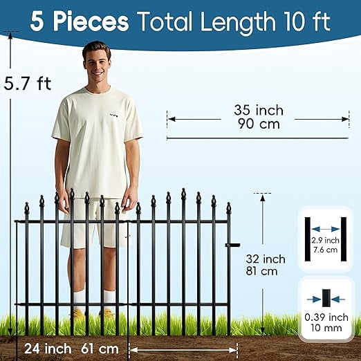 Metal Garden Fence 32" H x 24" W (4 Panels + 1 Gate) 10 Ft Total, Rustproof Animal Barrier No Dig Decorative Fencing for Dogs, Pet, Yard & Patio, Easy Installation