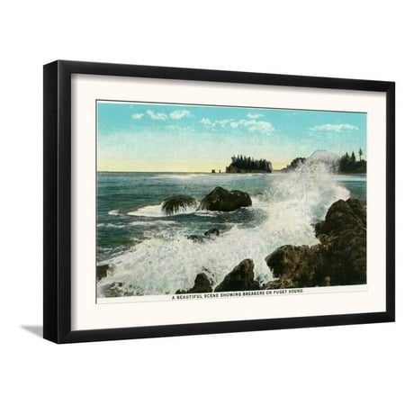 Puget Sound, Washington - Beautiful Beach Scene of Breakers... Framed Art Print Wall
