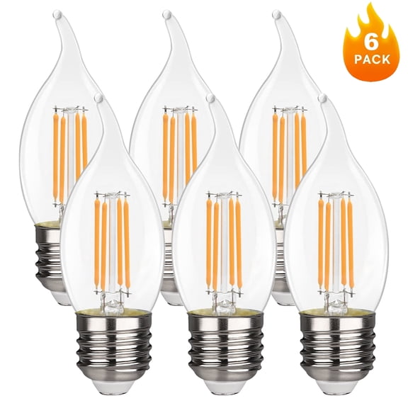 Lighted Holiday Displays Equivalent LED Chandelier Light Bulbs, Dimmable, E26 Base, Clear c35 LED Filament Candelabra Bulbs, 2700K Soft White, 6 Pack