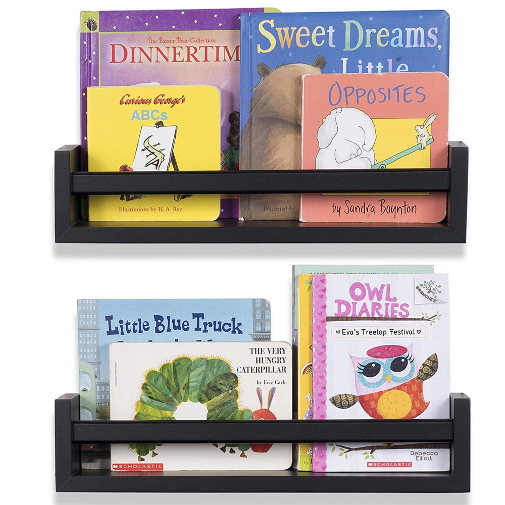 Kepooman 2PCS Wood Floating Wall Shelves, Wall Decor Bookshelf and Toy Organizer, Black