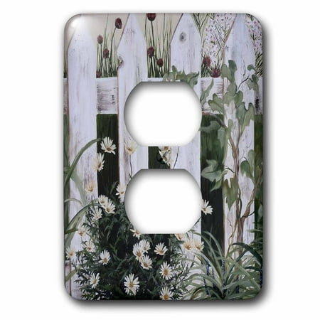 3dRose Weathered White Picket Garden Fence with Daisies and Vines - 2 Plug Outlet Cover