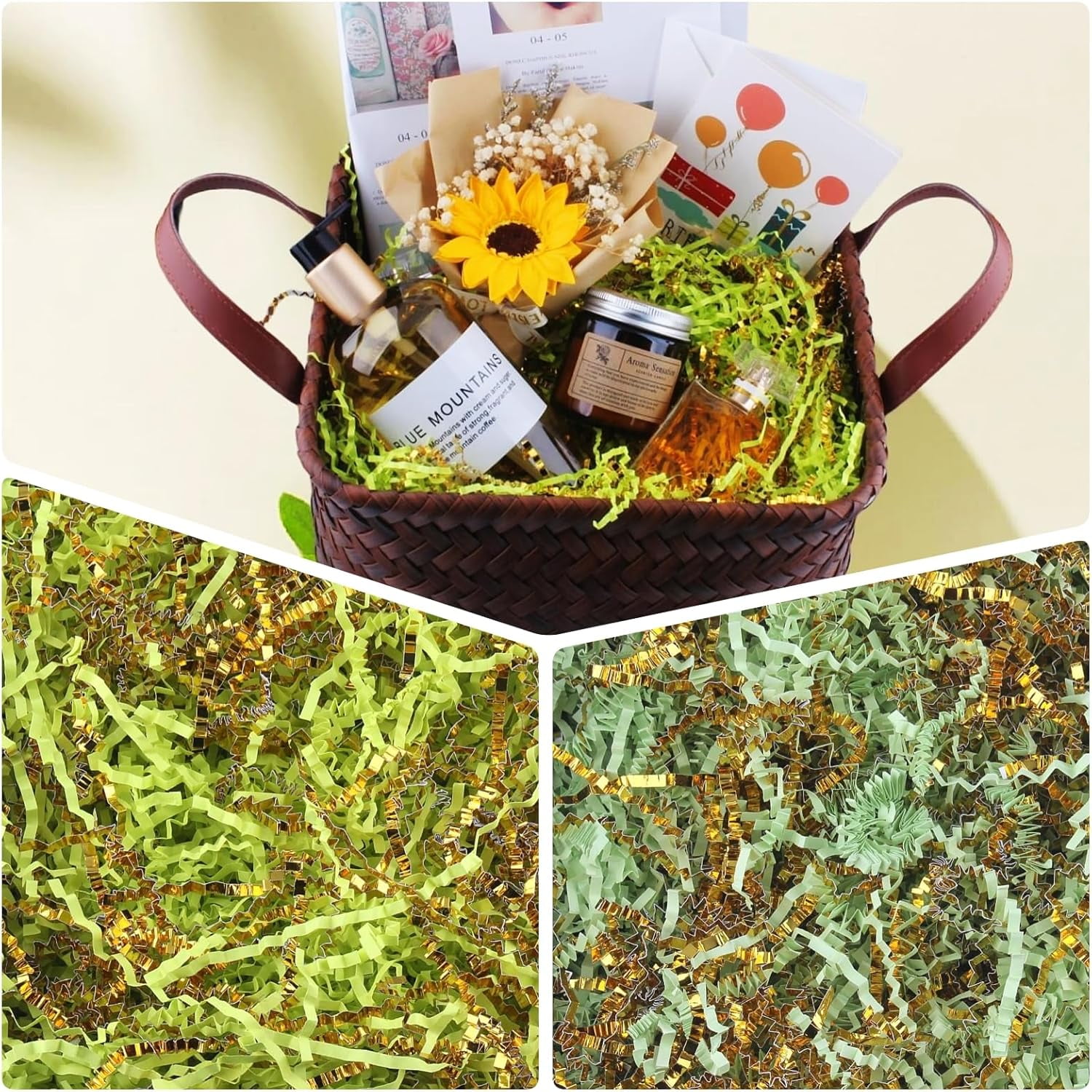 Crinkle Cut Paper Shred Filler for Gift Wrapping, Baskets, Christmas, Halloween, Wedding Decorations, Easter Grass, Crafting Activities (Dark Green and Gold) - 1 LB