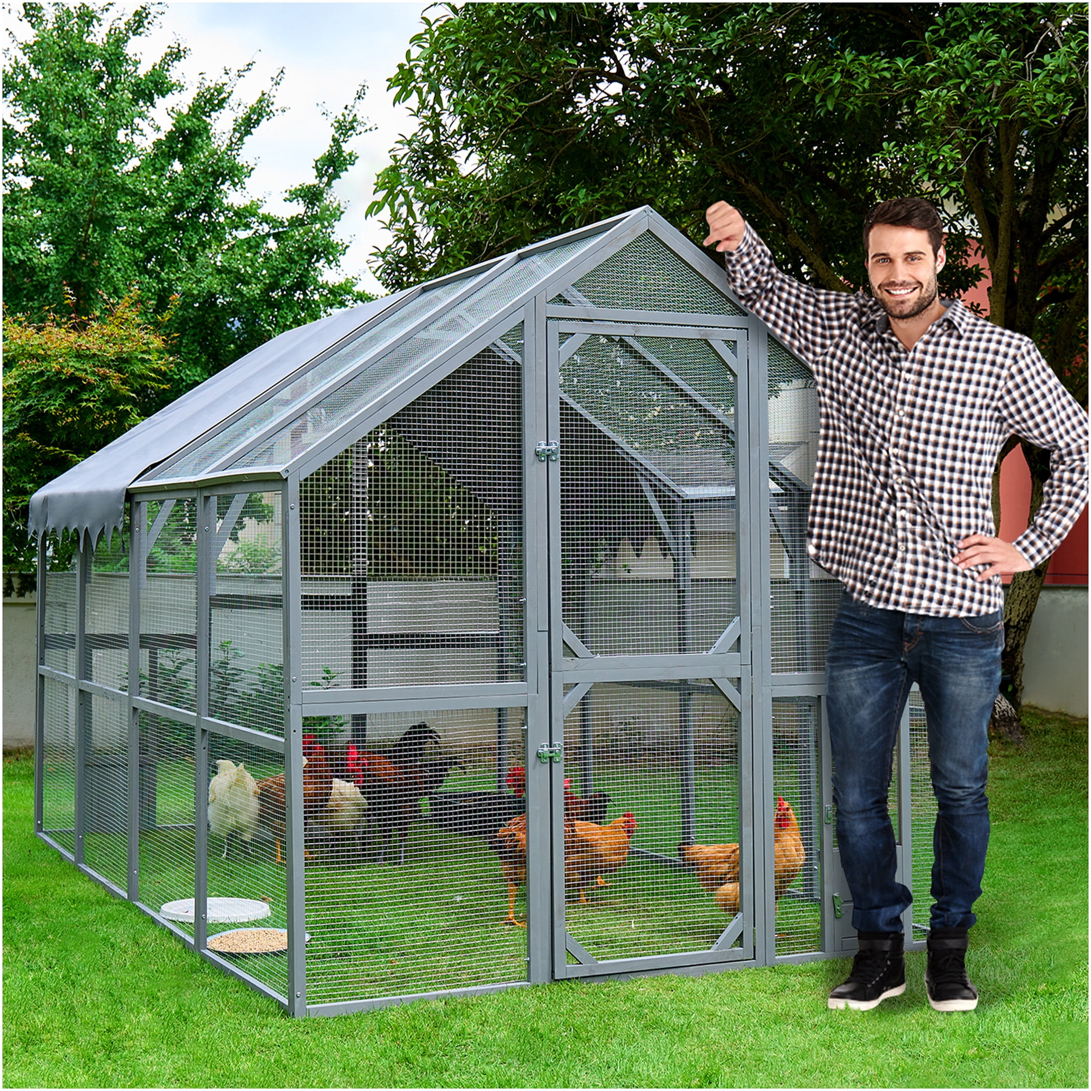 JERFIT Large Outdoor Cat Enclosure with Waterproof Cover, 110" Wooden Chicken Coop & Catio Playpen for Indoor Outdoor Cats, Kittens, Small Animals