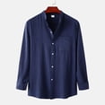 thumbnail image 2 of Top de camisa de lino y algodón de color sólido de manga larga con cuello levantado para otoño e invierno a la moda para hombre Pompotops  oipoqjl53346, 2 of 9