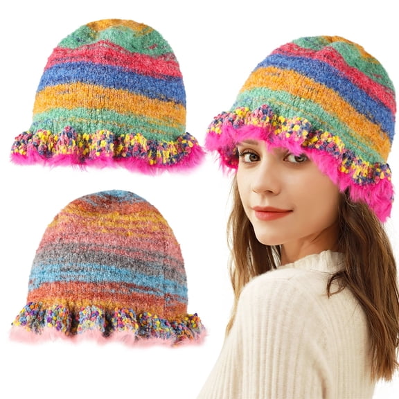 2 Pcs Handmade Crochet Bucket Hats – Alpaca Wool Winter Hats for Women, Cute Striped Knit Beanies, Foldable Boho Travel Hats, Retro Gift Set