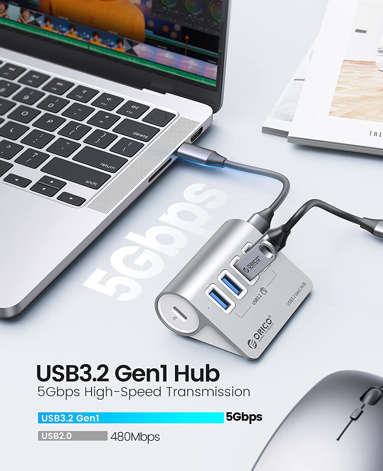 ORICO 5Gbps Aluminum USB Hub with 4 USB A Ports,USB 3.0 Hub with 1.64Ft USB-C USB-B Cable USB Multiport Adapter USB Extender USB Splitter for Laptop,Camera,Keyborad, Flash Drive