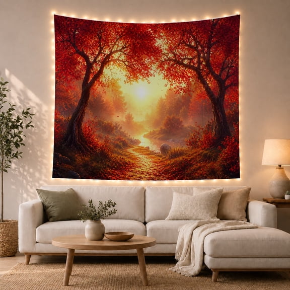 Autumn Forest Footbridge and Stream Tapestry Wall Hanging