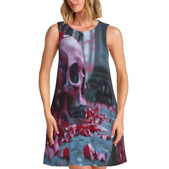 Naloa Gothic Red Skull Cemetery Print Women's Summer Spring Casual Beach Sundress,Vacation Sleeveless Tank Crewneck Loose Dresses