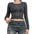 thumbnail image 1 of Fortune Women Crop Top Black Rhinestone Pattern Round Neck Long Sleeve Blouse, 1 of 7