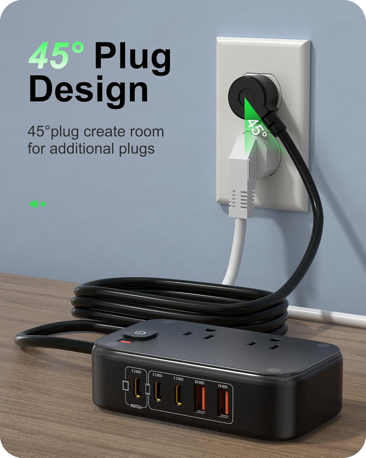 20W USB C Power Strip with 2500W AC Outlects, 3 USB-C Ports, 2 USB-A Ports, 5FT Flat Extension Cord Outlet Extende Desk Charging Station