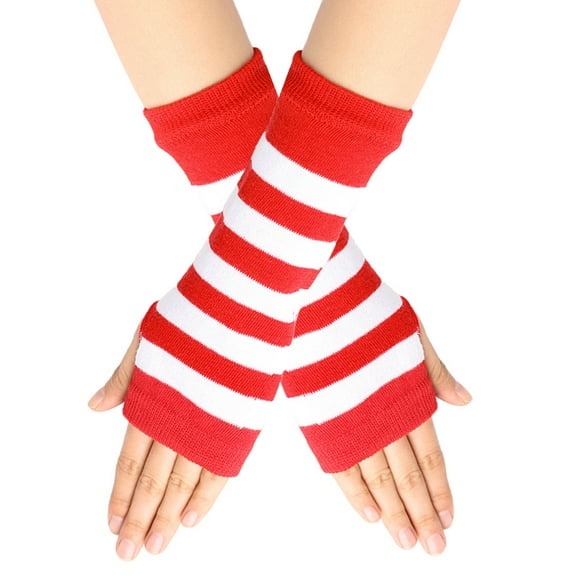 Nvzi-a Fingerless Gloves for Women Wrist Fingerless Gloves with Thumb Hole Winter Warm Fingerless Gloves Stretchy Half Finger Gloves for Women Men-Red White Wide stripe