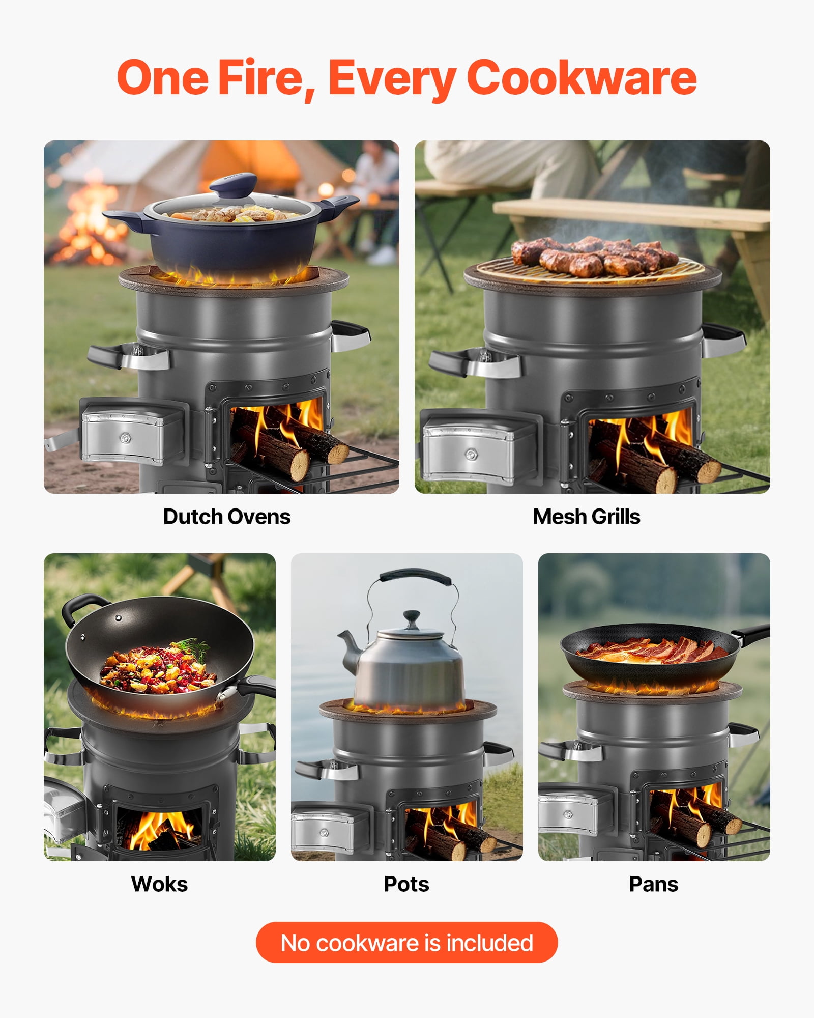 VEVOR Camping Rocket Stove, Wood Burning Portable Rocket Stove with Carrying Bag for Backpacking, SPCC Steel, Double Door, Burn Twigs, Sticks or Charcoals for Outdoor Cooking, Backyard, Camp Cooking