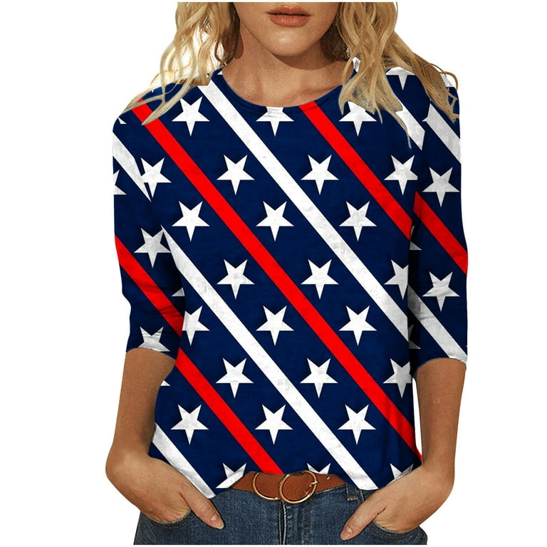 4th of July Shirts Women 3/4 Sleeve Tops Plus Size Loose Fit Casual Crew Neck Basic Shirt Blouses Walmart.com