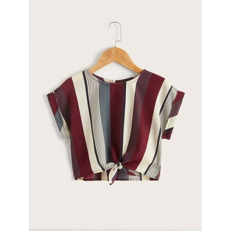 

Multicolor Toddler Girls Striped Colorblock Knot Hem Top Casual 3Y S040E