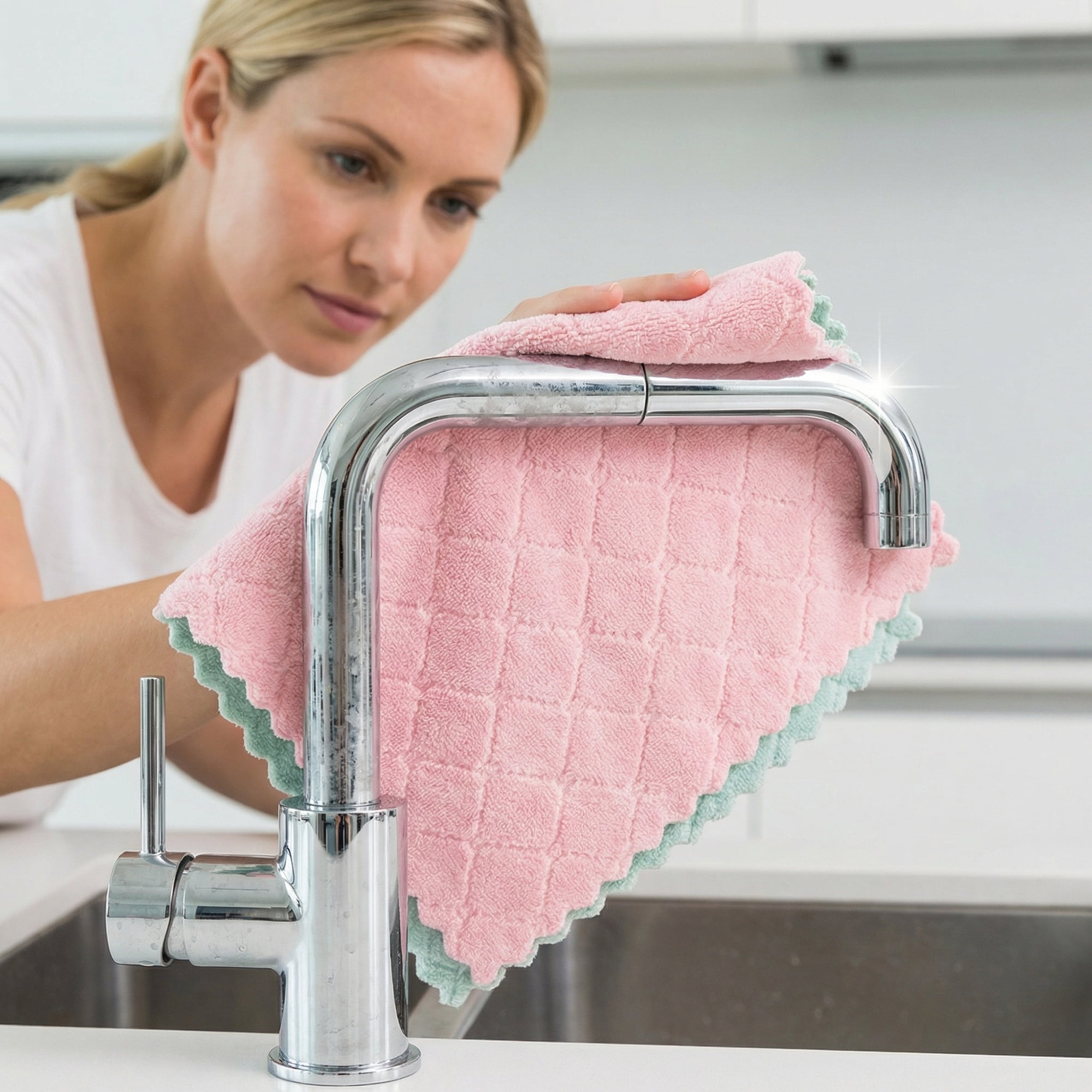 Unique Bargains 3pcs Kitchen Absorbent Microfiber Cleaning Towels Pink Blue 10" x 10"