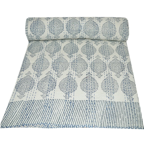 Vintage Kantha Quilt Indian Hand Block Print Quilt Cotton Kantha Throw Kantha Blanket Handmade Quilt Kantha Bedspread Double Size