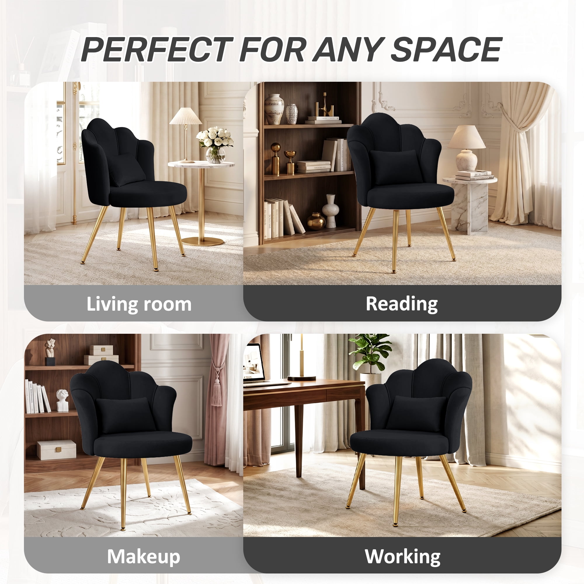 COOLHUT Petal Velvet Vanity Chair, Flower Cute Girls Mack Up Vanity Stool Chair with Lumber Pillow and Adustable Gold Legs, Upholstered Small Desk Chair for Living Room Bedroom Home Office, Black