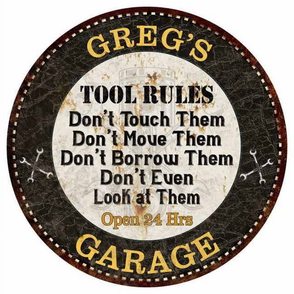GREG'S Garage Rules 12" Round Metal Sign Garage Bar Wall Décor 200120013062
