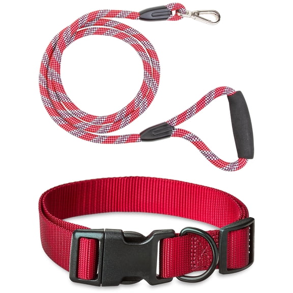 Vibrant Life Heavy Duty Reflective Rope Dog 6ft Leash with adjustable Polyester Dog Collar, Red, Large
