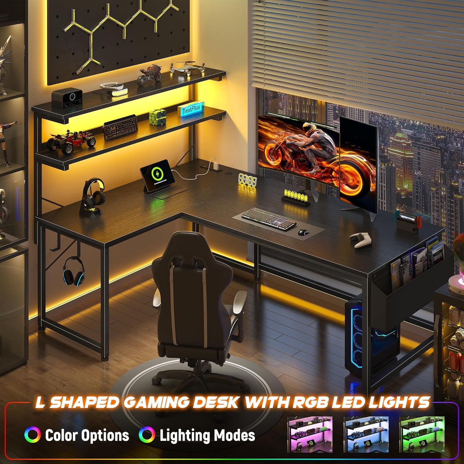 53 Inch L Shaped Desk Gaming Desk with LED Light & Power Outlet, Reversible L Shaped Computer Desk with Shelf & Storage Bag Gamer Corner Desk with Headphone Hook for Home Office Desk, Black