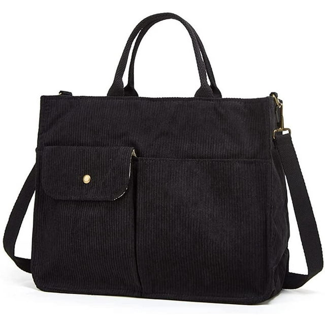 Tote Bag Women Corduroy Hobo Bag Satchel Bag College Bag Travel Bag Crossbody Bags Messenger Bag Tote Handbag 2023. Black corduroy tote bag with a large main compartment, dual top handles, and an adjustable crossbody strap. Features a front pocket with a button closure and a spacious interior suitable for carrying essentials like a laptop, books, and personal items. Versatile design ideal for work, travel, or casual outings.