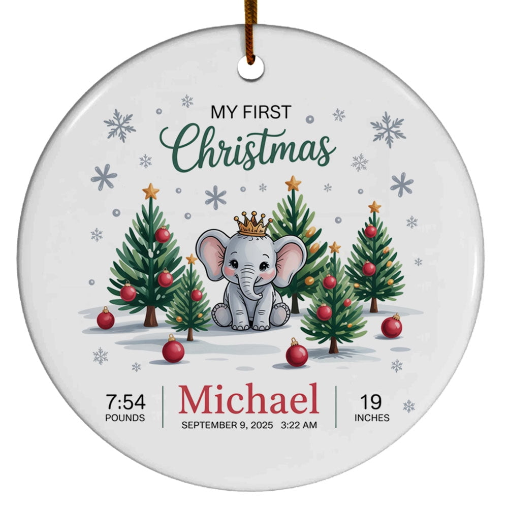 Cute Baby Elephant First Christmas Ornament 2025, Ornament Baby’s 1st Christmas Keepsake, Custom Name Text Birthday Christmas Ornament Gift for New Dad Mom Newborn