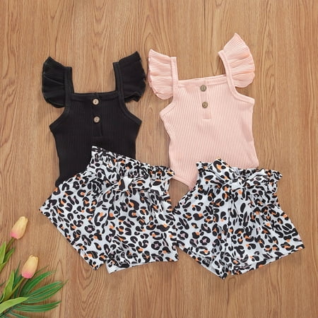 

Newborn Baby Kids Girls Ruffle Romper Top + Leopard Short Pants 2pcs Outfits Set 0-24 Months