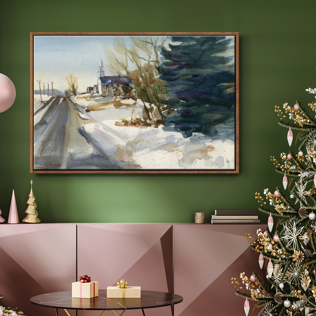 Congregational Church in Winter - Framed Gallery Wrapped Holiday Canvas - 27 x 41 - Rosewood Frame