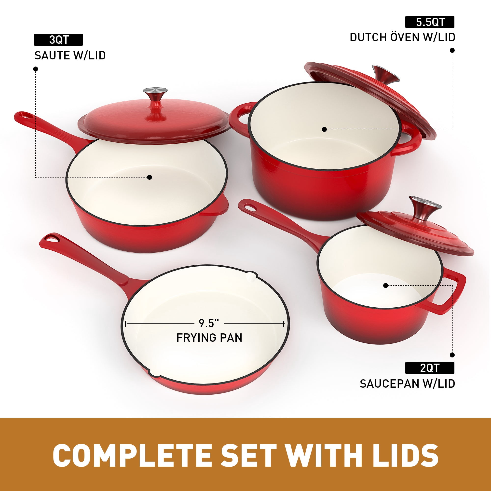 MF Studio 7-Piece Enameled Cast Iron Cookware Sets, Heavy Duty Ceramic Coated Pots and Pans Set, Red Dutch Ovens Set