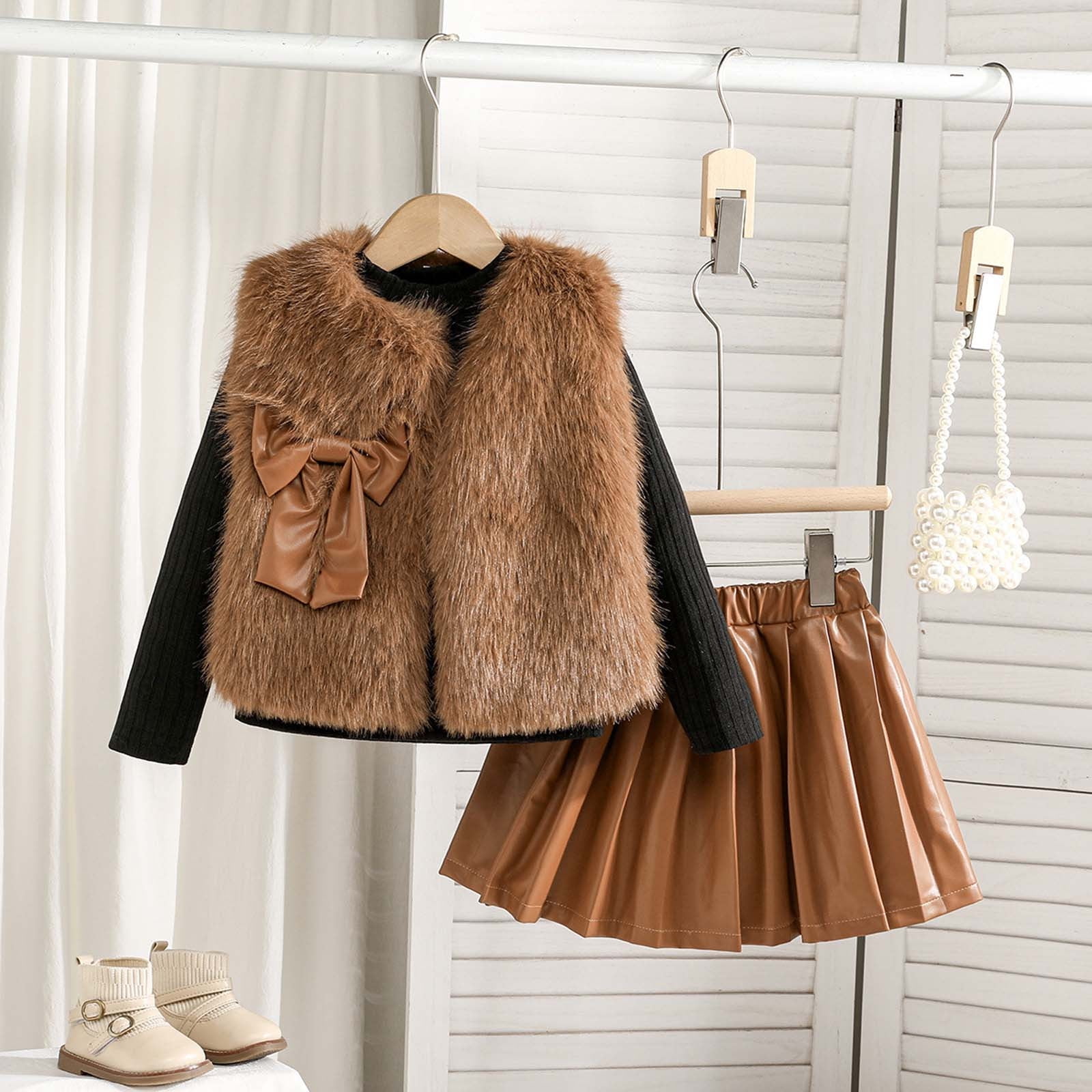 MEZZALL Girls Outfits Set Vest Long Sleeve Round Neck Tops PU Leather Pleated Skirt 3 Piece Outfits For Toddler Kids Fashionable Cartoon Clothing