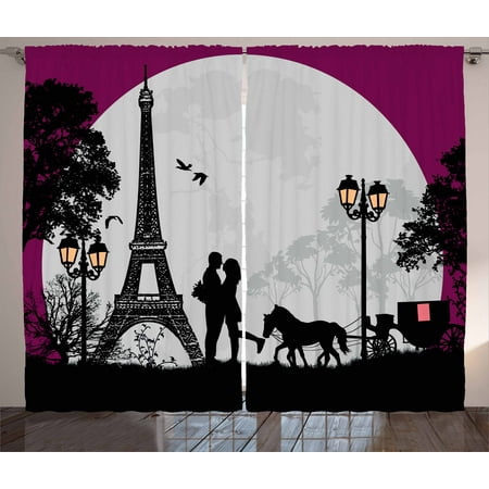 Na Front Panel - Romantic Curtains 2 Panels Set, Horse Carriage Couple Hugging in front of the Eiffel Tower and Full Moon, Window Drapes for Living Room Bedroom, 108W X 90L Inches, Fuchsia Grey Black, by Ambesonne