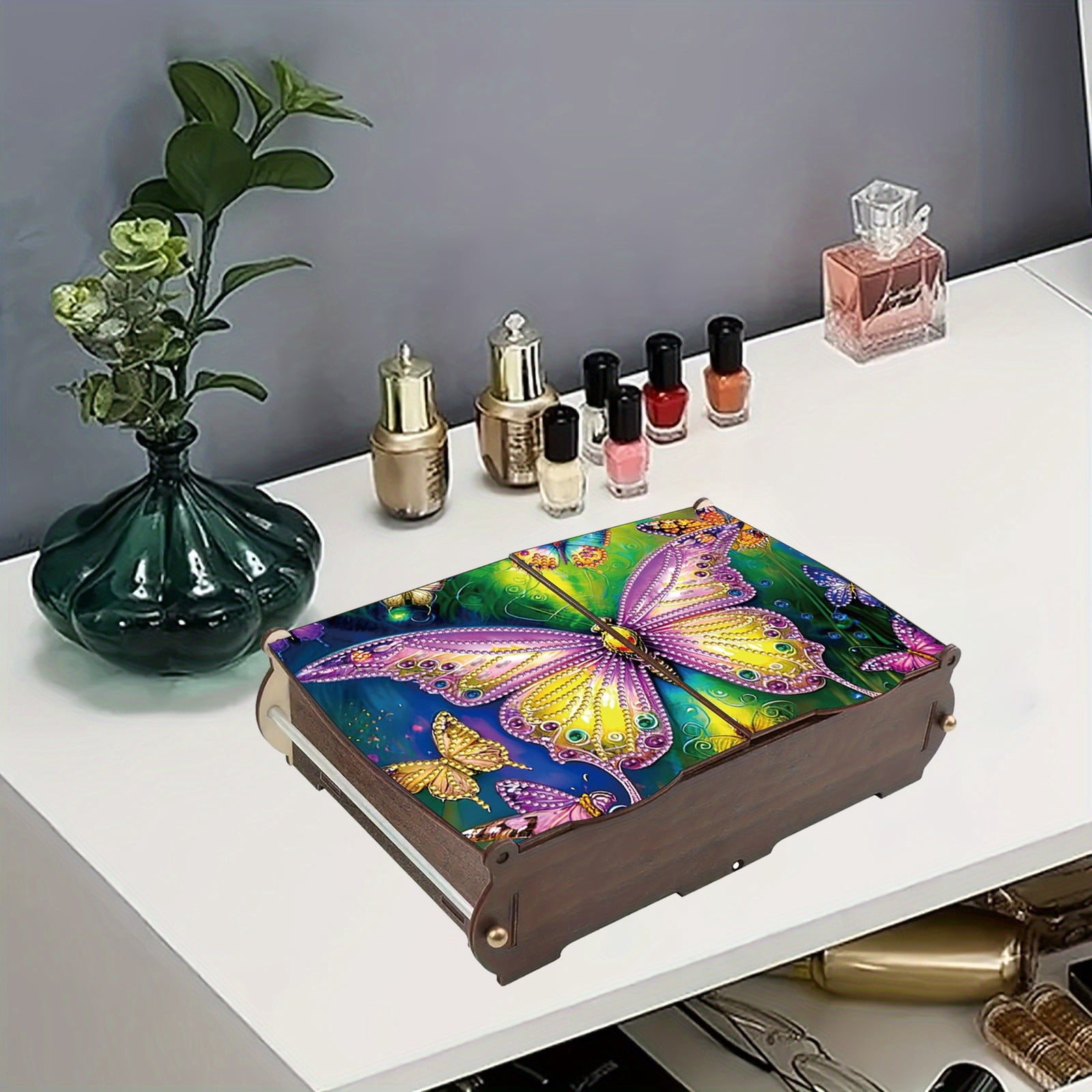 FLOPESN DIY Diamond Art Painting Jewelry Box,Creative Design Wooden Lid Rectangular Storage Case for Home Decor-Butterfly-1