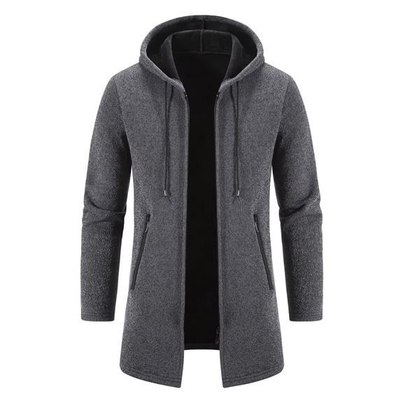 Men's hooded jacket, autumn and winter fleece mid-length, casual zipper drawstring pocket outdoor business wear