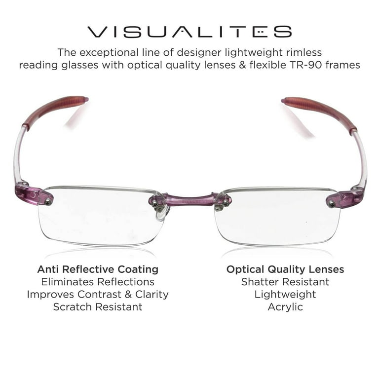 Visualites 1 Rose 1.75 Power Lightweight Rimless Rectangle Reading Glasses For Men and Woman