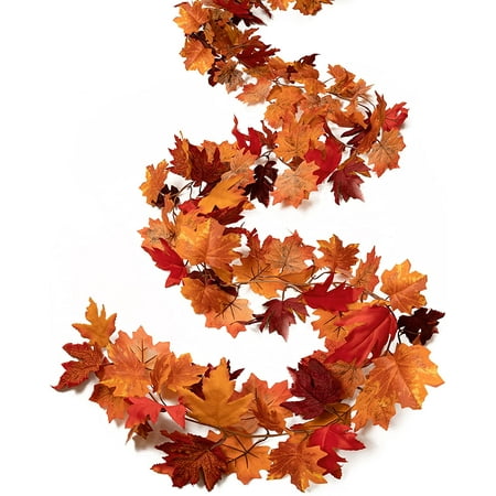 2 Pack Artificial Fall Leaves Garland, Fake Fall Maple Leaf Foliage Hanging Vines Autumn Garland Decorations for Home, Fireplace, Mantle, Front Door, Thanksgiving Decor
