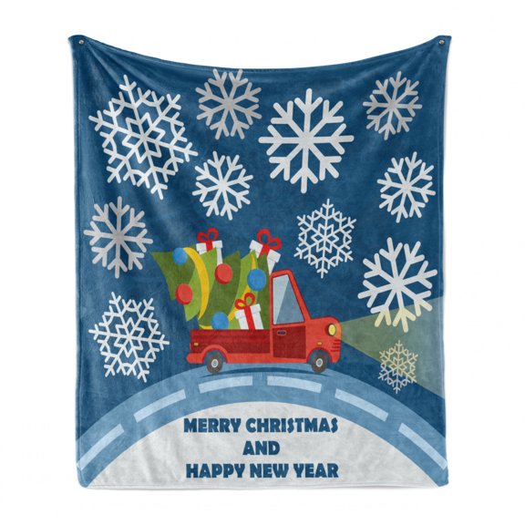 Christmas Soft Flannel Fleece Blanket, Happy New Year Merry Christmas Truck with Gift Boxes Tree and Snowflakes Art, Cozy Plush for Indoor and Outdoor Use, 60" x 80", Blue Red White, by Ambesonne