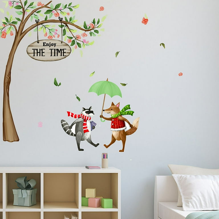 SPRING PARK 2Pcs Animal Tree Wall Stickers Fox Rabbit Giraffe Kids