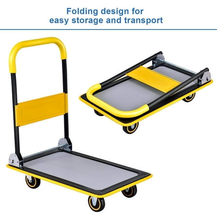 Platform Cart, Folding Platform Hand Truck with Two 360-Degree Swivel Wheels and Two Directional Wheels, Moving Flatbed Dolly Cart, 330lbs Capacity Push Cart, Yellow