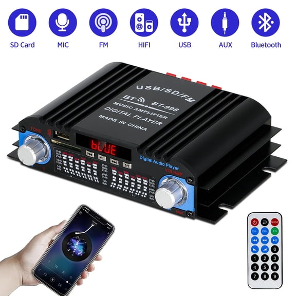 4 Channel Bluetooth 5.0 Stereo Amplifier, 60Wx4 HiFi Power Amplifier, USB/SD/FM/Audio Input, Audio Amp with Remote, Home Audio Receiver for Home Car Passive Speakers Theater Karaoke