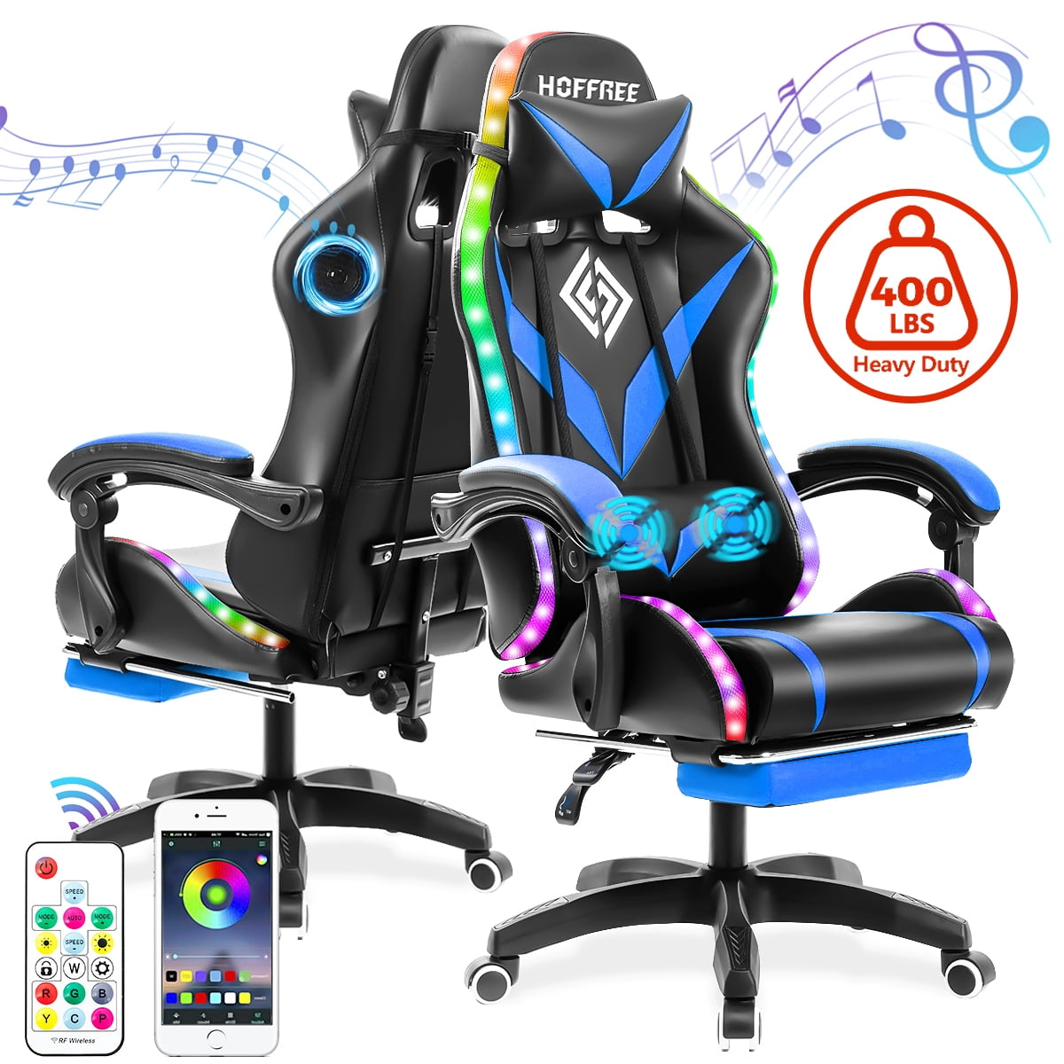 Roei uit Tenen Meander Hoffree Bluetooth Speaker Gaming Chairs with Massage, Video Racing Style  Ergonomic PC Computer Office Chairs with RGB LED Lights, High Back  Adjustable Footrest Massgae Lumbar Pillow, 400lbs Load - Walmart.com