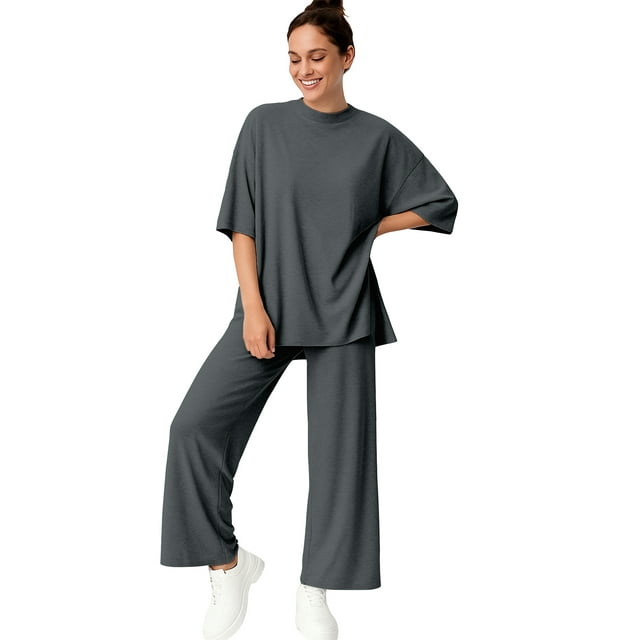 Moomaya Womens 2 Piece Lounge Set - Split Hem Tunic Top and Soft Pants with Pockets - Maternity Friendly Loungewear Set