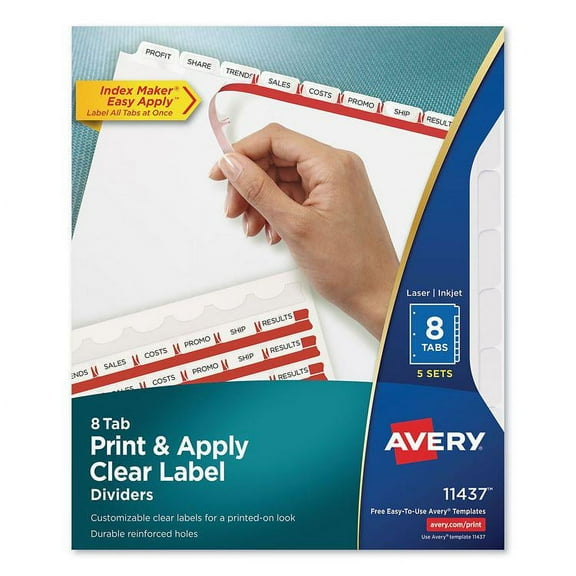 Avery Print and Apply Index Maker Clear Label Dividers, 8-Tab, 11 x 8.5, White, 5 Sets, Each