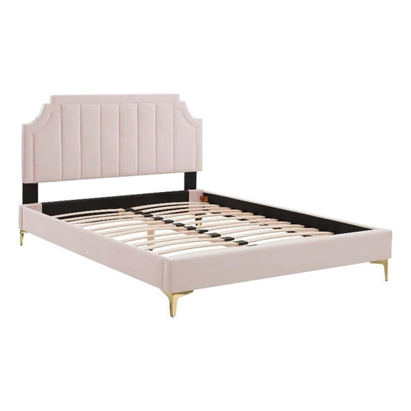 Maklaine Performance Velvet Full Platform Bed in Pink Finish