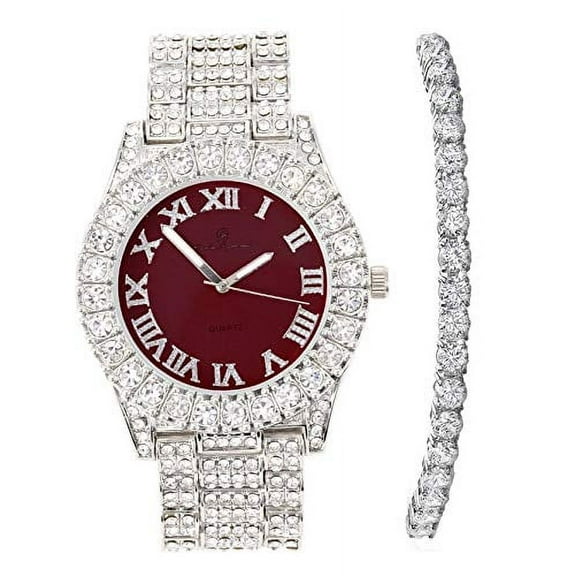 Charles Raymond Women's Big Rocks Blinged Out Bezel Colored Dial with Roman Numerals Fully Iced Out Hip Hop Wristwatch and Sparkling Tennis Bracelet Set - ST10327LA (TLA Silver - Burgundy)