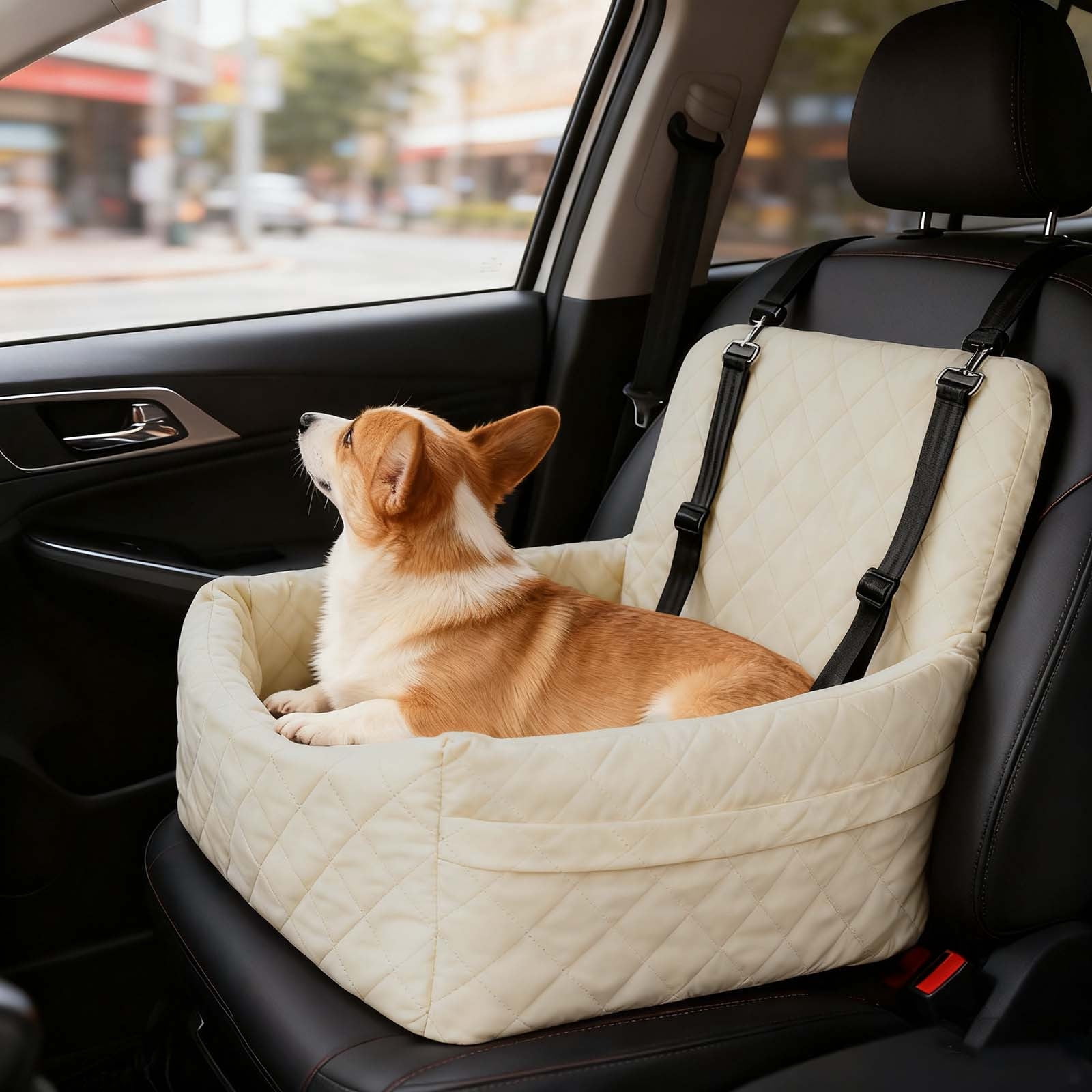 Pet Car Seat Supporting Up To 35lbs With Removable Washable Cushion And Storage Pocket For Dogs And Cats In Car Interior