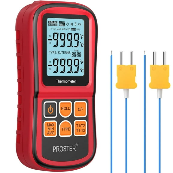 Proster Digital Thermocouple Temperature Thermometer Dual Channel - with Two K-Type Thermocouple Probe, Backlight LCD Thermometer for K J T E R S N Type