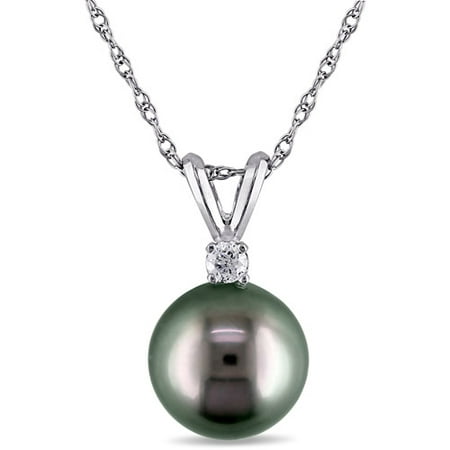 8.9mm Black Round Tahitian Pearl and Diamond-Accent 14kt White Gold Fashion Pendant, 17