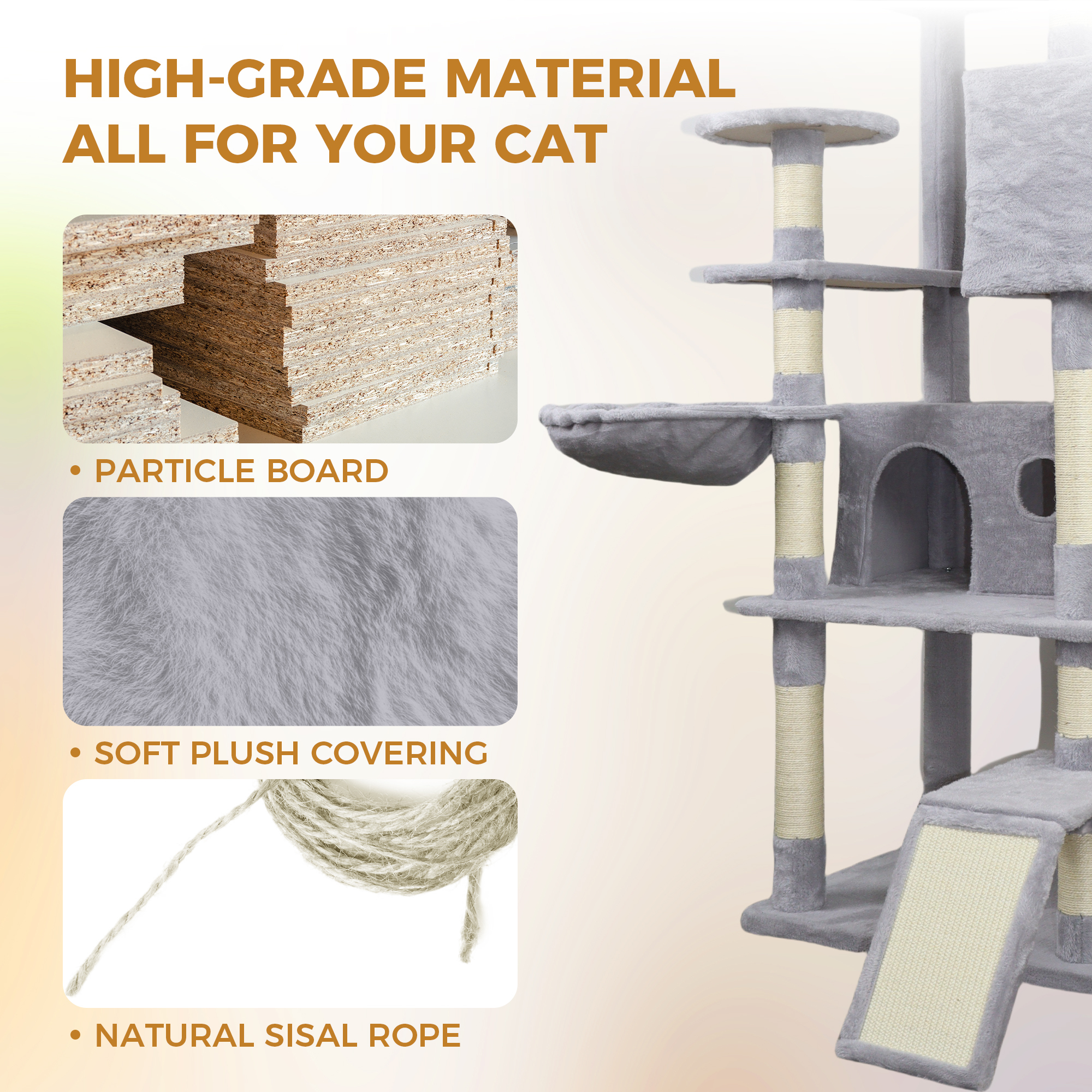Jopath 84.6 in Light Gray Cat Tree Tower with Wide Base, 3 Large Hinding Condo, 11 Sisal Scratching Post,2 Hammocks, Large Top Platform, Many landing Perch and Interactive toy